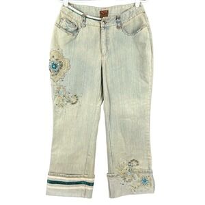 Chagall Women's Beaded Embellished Tan Crop Jeans Size 8 Cuffed Stretch Mid Rise